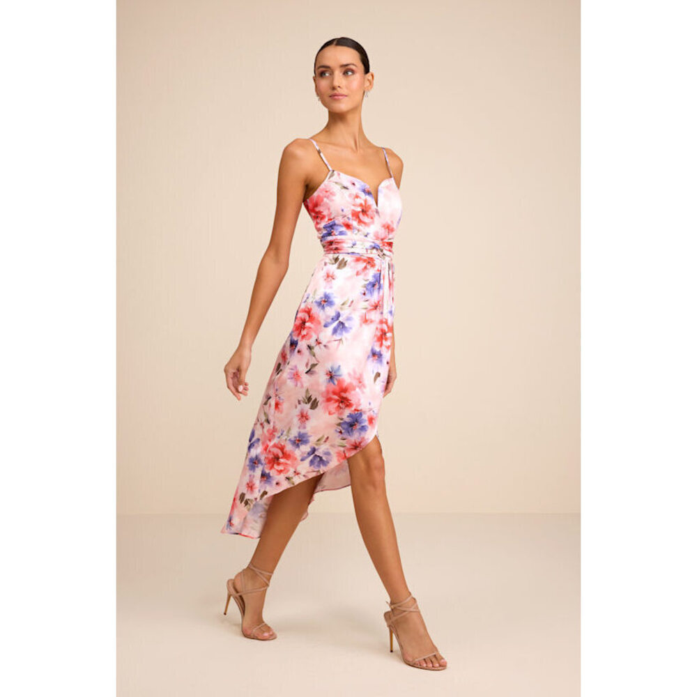 Lulus My Favorite Day Light Pink Floral Print Tulip Skirt Midi Dress - Size L